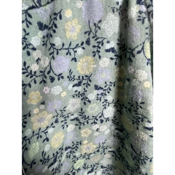 Sonoma Womens L Linen Tank Top Square Neck Tie Button Olive Blue Floral Boho - Picture 2 of 8